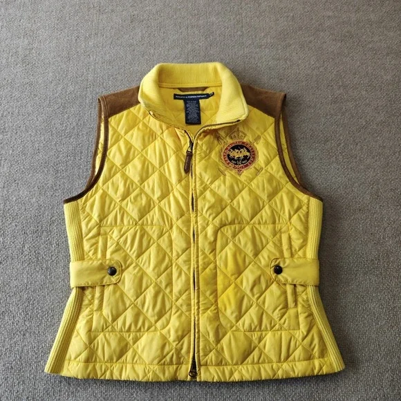 Ralph Lauren Sport Essex Crest Equestrian Vest Quilted Yellow Suede Sz Large - Picture 2 of 10